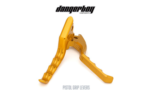 Reference photograph: Dangerboy Pistol Grip Lever Set, 24K Gold Finish, Cable-Clutch Touring DB-BAG-GOLD